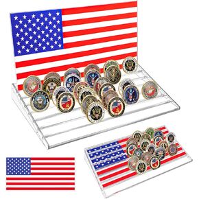 6 Rows Challenge Coin Display Stand, Solid Acrylic Military Coins Holder with Removable American Flag, Firefighter Army Coin Collection Organizer Rack Holds 36 Coins, Gift for Coin Collectors