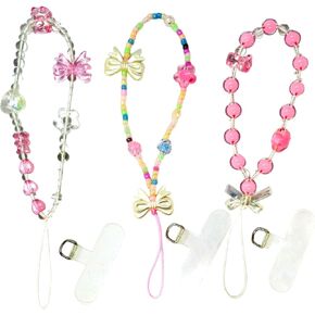 3 -Phone -Charms -Strap And Gasket Set, Fixed Gasket with Flower Phones Charm, Bow Beaded String, Wristlet Pearl Cellphone Strap, Cute -Cell Phone -Keychains Accessories