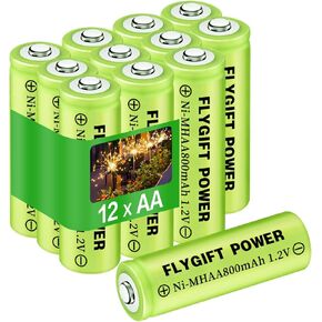 AA Rechargeable Batteries 800mAh Ni-MH Double A 1.2V High Capacity Precharged Solar Batteries for Garden Lights, Pathway Lights, Landscape Outdoor Solar Lights, Pack of 12