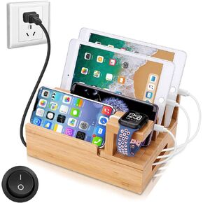Charging Station Organizer,Fast Charging Station for Multiple Device 5-Port USB Bamboo Wood Charging Dock,Universal Apple Watch Phone Pad and Android Like Samsung Cell Phones & Tablets in Kuwait