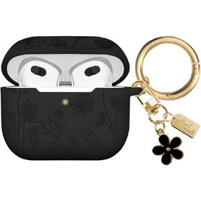 Flower Engraved Case Compatible with AirPods 3 Case Cover 2021, Soft Silicone Case for AirPods 3rd Generation Case with Cute Flower Keychain and Carabiner for Girls Women (Lavender Purple)