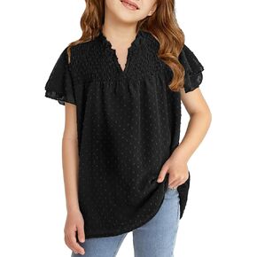 BesserBay Girls Summer Smocked Short Sleeve V Neck Shirt 4-12 Years