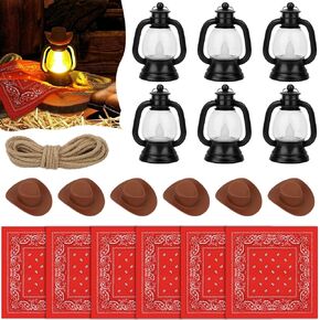 6 Set Western Theme Party Centerpieces Western Party Decor Include 6 Mini Lantern with LED Candle 6 Mini Cowboy Hats 6 Mini Bandannas 1 Jute Rope for Wedding Birthday Western Cowboy Party Decor