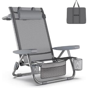 ICECO Bora High Back Beach Chairs for Adults, 5 Positions Reclining Beach Chair with Headrests, Folding Beach Chair with Cup Holder & Storage Bag for Beach, Pool, Patio, Capacity 500lbs