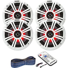 2 Pair (Qty 4) of Kicker 6.5" 2-Way 195 Watts Max Power Coaxial Marine Audio Multicolor LED Speakers with White Grilles, LED Speaker Remote Control, 50 Feet 16-Gauge Speaker Wire