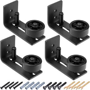 4 Pcs Sliding Barn Door Floor Guide Flush Design Wall Mount Bottom Adjustable Roller 8 Assemble Setup Options Flat Non Scratch Barn Door Hardware Kit, Black