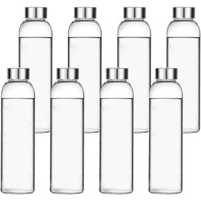 Encheng Glass Water Bottles, Glass Beverage Bottles 16oz,Drinking Bottles With Leakproof Stainless Steel Cap 500ml,Reusable Juice Bottles Beverage Drinkware,To Go Travel Bottles For Drink,Sauce 8Pack