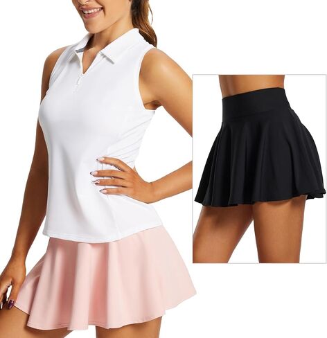 BALEAF Women's Sleeveess Golf Shirts with Tennis Skirts Athletic Outfits (White and Black, Size M) in Saudi Arabia