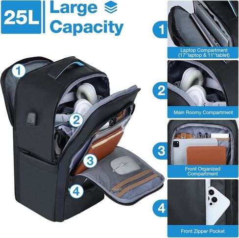 حقيبة ظهر للأعمال للرجال، حقيبة ظهر للكمبيوتر المحمول مقاس 17 بوصة يمكن حملها أثناء الطيران وحقائب ظهر للكمبيوتر الاحترافية مع منفذ شحن USB للعمل والسفر والتنقلات الجامعية باللون الأسود in Kuwait
