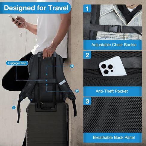 حقيبة ظهر للأعمال للرجال، حقيبة ظهر للكمبيوتر المحمول مقاس 17 بوصة يمكن حملها أثناء الطيران وحقائب ظهر للكمبيوتر الاحترافية مع منفذ شحن USB للعمل والسفر والتنقلات الجامعية باللون الأسود in Kuwait