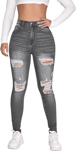 SweatyRocks Women's Casual High Rise Ripped Jeans Zipper Fly Skinny Denim Pants in Saudi Arabia