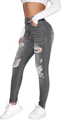 SweatyRocks Women's Casual High Rise Ripped Jeans Zipper Fly Skinny Denim Pants in Saudi Arabia