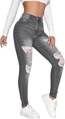 SweatyRocks Women's Casual High Rise Ripped Jeans Zipper Fly Skinny Denim Pants in Saudi Arabia
