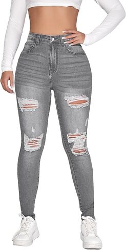 SweatyRocks Women's Casual High Rise Ripped Jeans Zipper Fly Skinny Denim Pants in Saudi Arabia