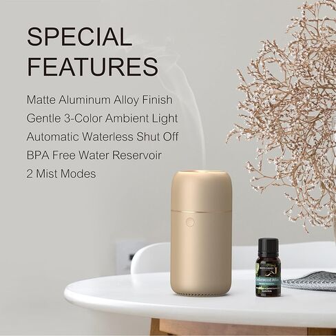 Premium Portable Essential Oil Diffuser (Champagne Gold) | Aluminum Alloy, Humidifier, Aromatherapy, 65ml Capacity, 3 Light Modes, Rechargeable, Battery Powered, Wireless, USB Charge in Saudi Arabia