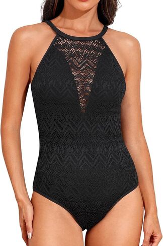 Tempt Me Women High Neck One Piece Swimsuit Lace Hollow Out 1 Piece Bathing Suits Deep V Neck Swimwear in Saudi Arabia