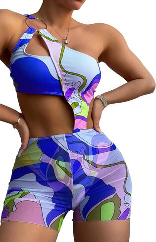 MakeMeChic Women's 2 Piece Bathing Suits Graphic One Shoulder Cut Out One Piece Swimsuit with Cover Up Shorts Set in Saudi Arabia