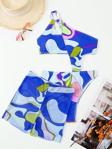 MakeMeChic Women's 2 Piece Bathing Suits Graphic One Shoulder Cut Out One Piece Swimsuit with Cover Up Shorts Set in Saudi Arabia
