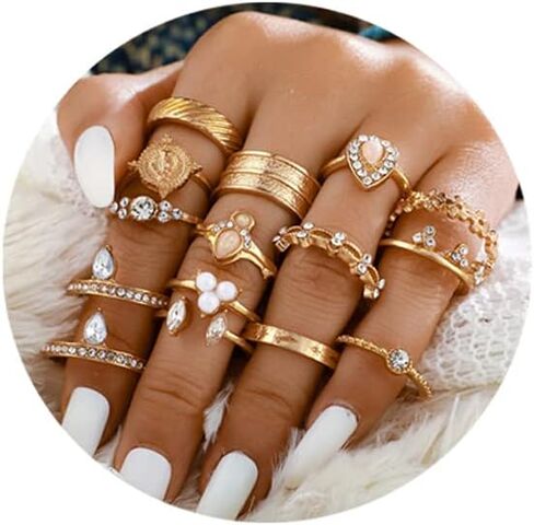 مجموعات خواتم ذهبية قابلة للتكديس للفتيات المراهقات، مجموعة خواتم المفصل البوهيمية لذروة البحر بوصلة فيروزية للنساء والرجال (D-15PCS) in Kuwait