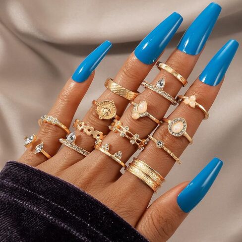 مجموعات خواتم ذهبية قابلة للتكديس للفتيات المراهقات، مجموعة خواتم المفصل البوهيمية لذروة البحر بوصلة فيروزية للنساء والرجال (D-15PCS) in Kuwait