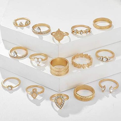 مجموعات خواتم ذهبية قابلة للتكديس للفتيات المراهقات، مجموعة خواتم المفصل البوهيمية لذروة البحر بوصلة فيروزية للنساء والرجال (D-15PCS) in Kuwait
