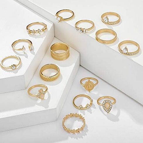 مجموعات خواتم ذهبية قابلة للتكديس للفتيات المراهقات، مجموعة خواتم المفصل البوهيمية لذروة البحر بوصلة فيروزية للنساء والرجال (D-15PCS) in Kuwait