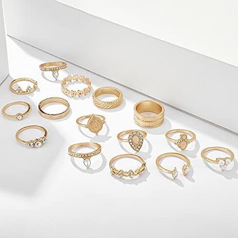 مجموعات خواتم ذهبية قابلة للتكديس للفتيات المراهقات، مجموعة خواتم المفصل البوهيمية لذروة البحر بوصلة فيروزية للنساء والرجال (D-15PCS) in Kuwait