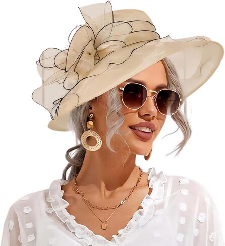 Wooee اللؤلؤ الكنيسة القبعات للنساء الأورجانزا الكنيسة قبعة الفاسناتور قبعة الشمس الزفاف الشاي حفل زفاف الصيف الكشكشة قبعة in Kuwait
