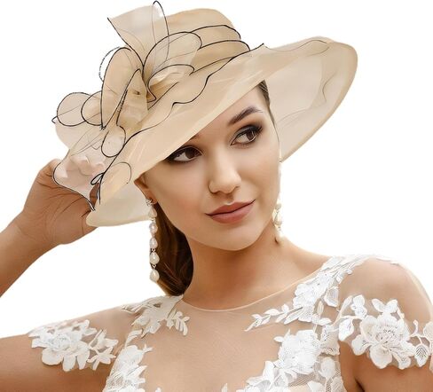 Wooee اللؤلؤ الكنيسة القبعات للنساء الأورجانزا الكنيسة قبعة الفاسناتور قبعة الشمس الزفاف الشاي حفل زفاف الصيف الكشكشة قبعة in Kuwait