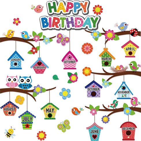 48 Pcs Birthday Classroom Bulletin Board Set Flowers Boho Birds Nest Happy Birthday Bulletin Board Supplies Wall Decorations Bee Tree Branches Month Cutouts for Birthday Calendars Decor in Saudi Arabia