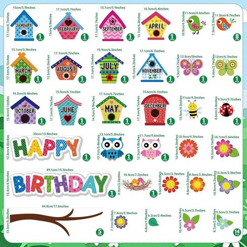 48 Pcs Birthday Classroom Bulletin Board Set Flowers Boho Birds Nest Happy Birthday Bulletin Board Supplies Wall Decorations Bee Tree Branches Month Cutouts for Birthday Calendars Decor in Saudi Arabia