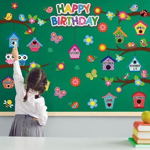 48 Pcs Birthday Classroom Bulletin Board Set Flowers Boho Birds Nest Happy Birthday Bulletin Board Supplies Wall Decorations Bee Tree Branches Month Cutouts for Birthday Calendars Decor in Saudi Arabia