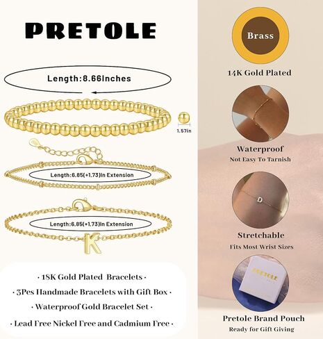 PRETOLE Gold Bracelets for Women,14K Gold Plated Beaded Bracelets Adjustable Stackable Layered Bracelets Waterproof Stretch Gold Chain Bracelet with Letter Pendant Gold Initial Bracelets for Girls in Saudi Arabia
