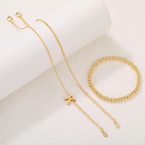 PRETOLE Gold Bracelets for Women,14K Gold Plated Beaded Bracelets Adjustable Stackable Layered Bracelets Waterproof Stretch Gold Chain Bracelet with Letter Pendant Gold Initial Bracelets for Girls in Saudi Arabia