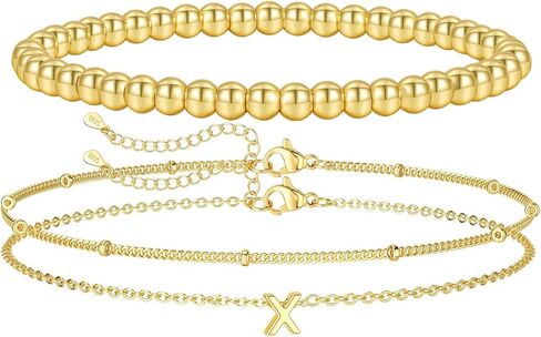 PRETOLE Gold Bracelets for Women,14K Gold Plated Beaded Bracelets Adjustable Stackable Layered Bracelets Waterproof Stretch Gold Chain Bracelet with Letter Pendant Gold Initial Bracelets for Girls in Saudi Arabia