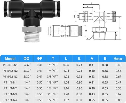 TAILONZ PNEUMATIC ذكر فرع تي شيرت 1/4 بوصة أنبوب OD × 1/4 بوصة NPT خيط دفع لتوصيل التركيبات PT-1/4-N2 (عبوة من 10) in Saudi Arabia