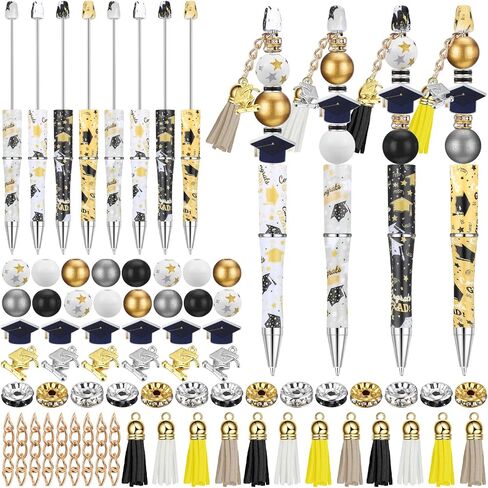 Patelai 16 Sets Graduation Gifts Bead Pens Plastic Beadable Pens Beaded Pen Supplies with 50 Graduation Wood Beads 16 Tassel Pendants 16 Graduation Cap Charm 30 Spacer Beads for Kids Students Nurses in Saudi Arabia