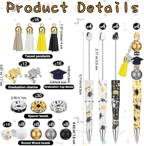 Patelai 16 Sets Graduation Gifts Bead Pens Plastic Beadable Pens Beaded Pen Supplies with 50 Graduation Wood Beads 16 Tassel Pendants 16 Graduation Cap Charm 30 Spacer Beads for Kids Students Nurses in Saudi Arabia