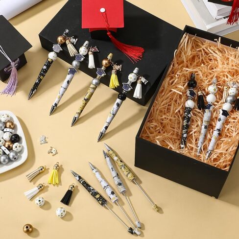 Patelai 16 Sets Graduation Gifts Bead Pens Plastic Beadable Pens Beaded Pen Supplies with 50 Graduation Wood Beads 16 Tassel Pendants 16 Graduation Cap Charm 30 Spacer Beads for Kids Students Nurses in Saudi Arabia
