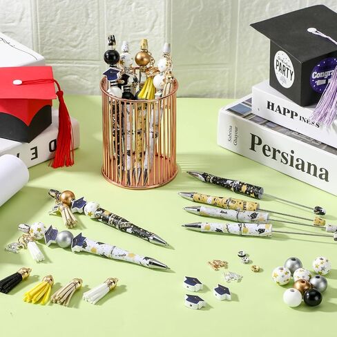 Patelai 16 Sets Graduation Gifts Bead Pens Plastic Beadable Pens Beaded Pen Supplies with 50 Graduation Wood Beads 16 Tassel Pendants 16 Graduation Cap Charm 30 Spacer Beads for Kids Students Nurses in Saudi Arabia