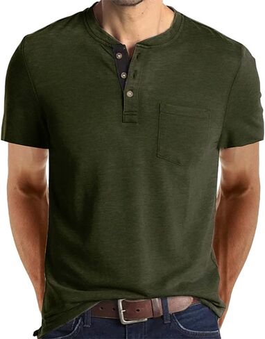 Mens Casual Short Sleeve Henley Shirts Fashion Button T Shirts with Pocket in Kuwait