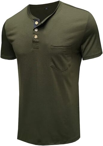 Mens Casual Short Sleeve Henley Shirts Fashion Button T Shirts with Pocket in Kuwait