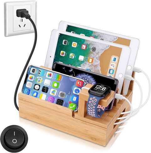 Charging Station Organizer,Fast Charging Station for Multiple Device 5-Port USB Bamboo Wood Charging Dock,Universal Apple Watch Phone Pad and Android Like Samsung Cell Phones & Tablets in Kuwait