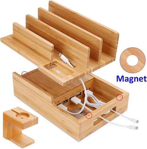 Charging Station Organizer,Fast Charging Station for Multiple Device 5-Port USB Bamboo Wood Charging Dock,Universal Apple Watch Phone Pad and Android Like Samsung Cell Phones & Tablets in Kuwait