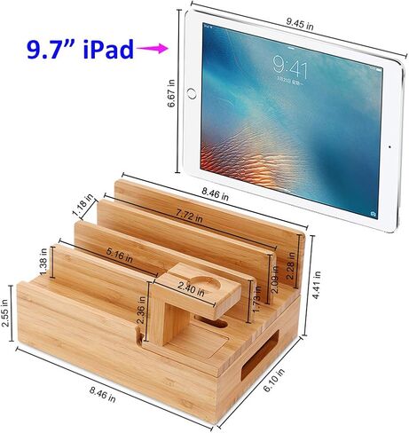 Charging Station Organizer,Fast Charging Station for Multiple Device 5-Port USB Bamboo Wood Charging Dock,Universal Apple Watch Phone Pad and Android Like Samsung Cell Phones & Tablets in Kuwait