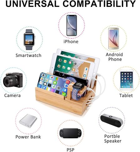 Charging Station Organizer,Fast Charging Station for Multiple Device 5-Port USB Bamboo Wood Charging Dock,Universal Apple Watch Phone Pad and Android Like Samsung Cell Phones & Tablets in Kuwait