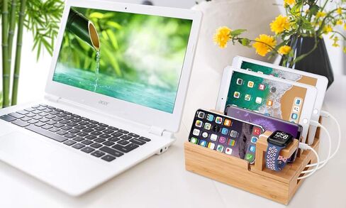 Charging Station Organizer,Fast Charging Station for Multiple Device 5-Port USB Bamboo Wood Charging Dock,Universal Apple Watch Phone Pad and Android Like Samsung Cell Phones & Tablets in Kuwait