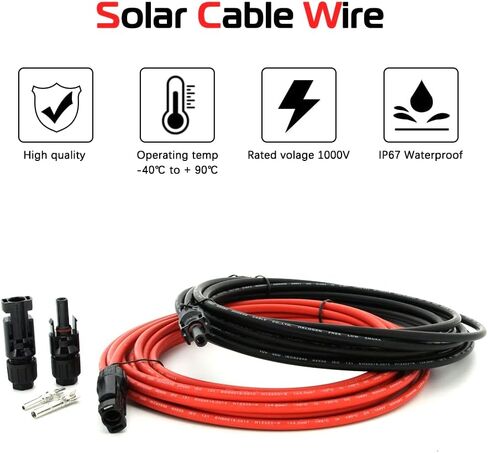 10FT Solar Panel Extension Cable,10AWG (6mm²) with Female and Male Connector Adapter Kit with Extra Free Pair of Connectors Solar Panel (10FT Red + 10FT Black) in Kuwait