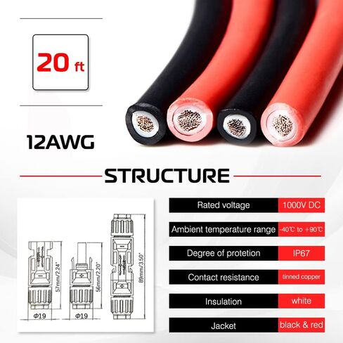 10FT Solar Panel Extension Cable,10AWG (6mm²) with Female and Male Connector Adapter Kit with Extra Free Pair of Connectors Solar Panel (10FT Red + 10FT Black) in Kuwait