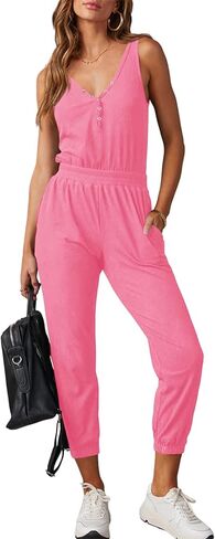 Tongmingyun Women's Casual Sleeveless Jumpsuits V Neck Button Jogger Pants Rompers in Saudi Arabia